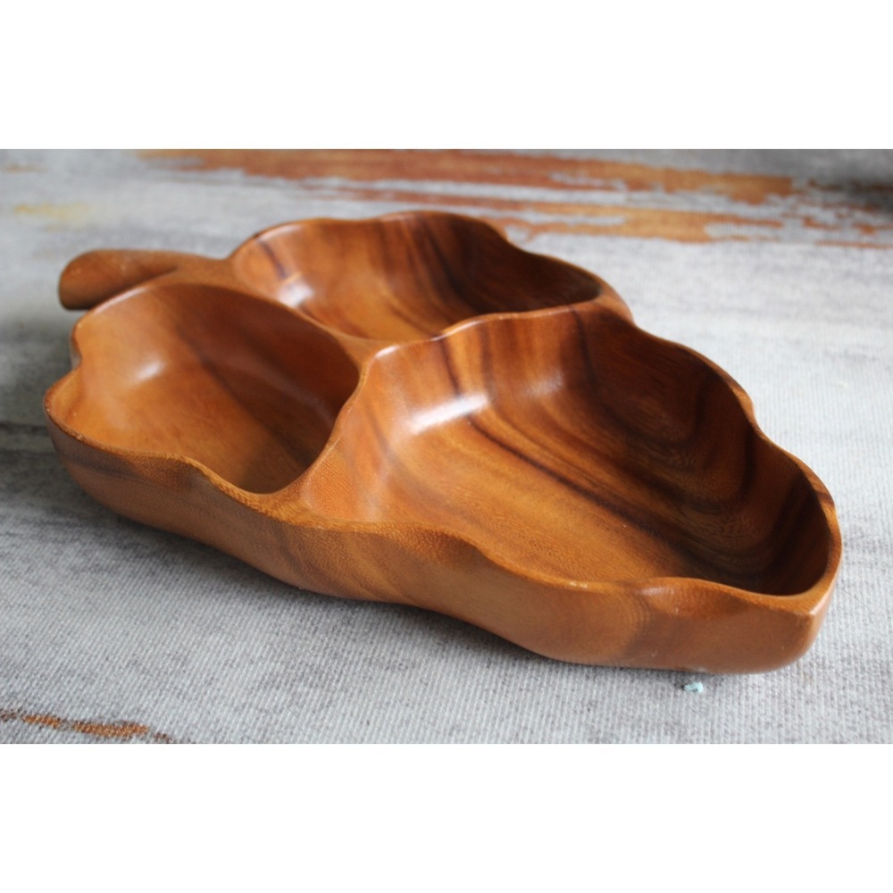 Woods of Hawaii Monkey Pod Wood Divided Serving Tray Leaf Shape MCM Honolulu